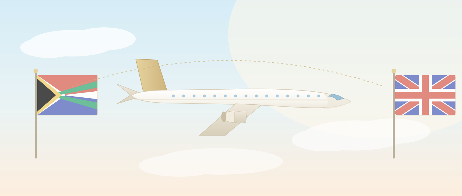 Editorial illustration of an aeroplane between the South African and United Kingdom flags
