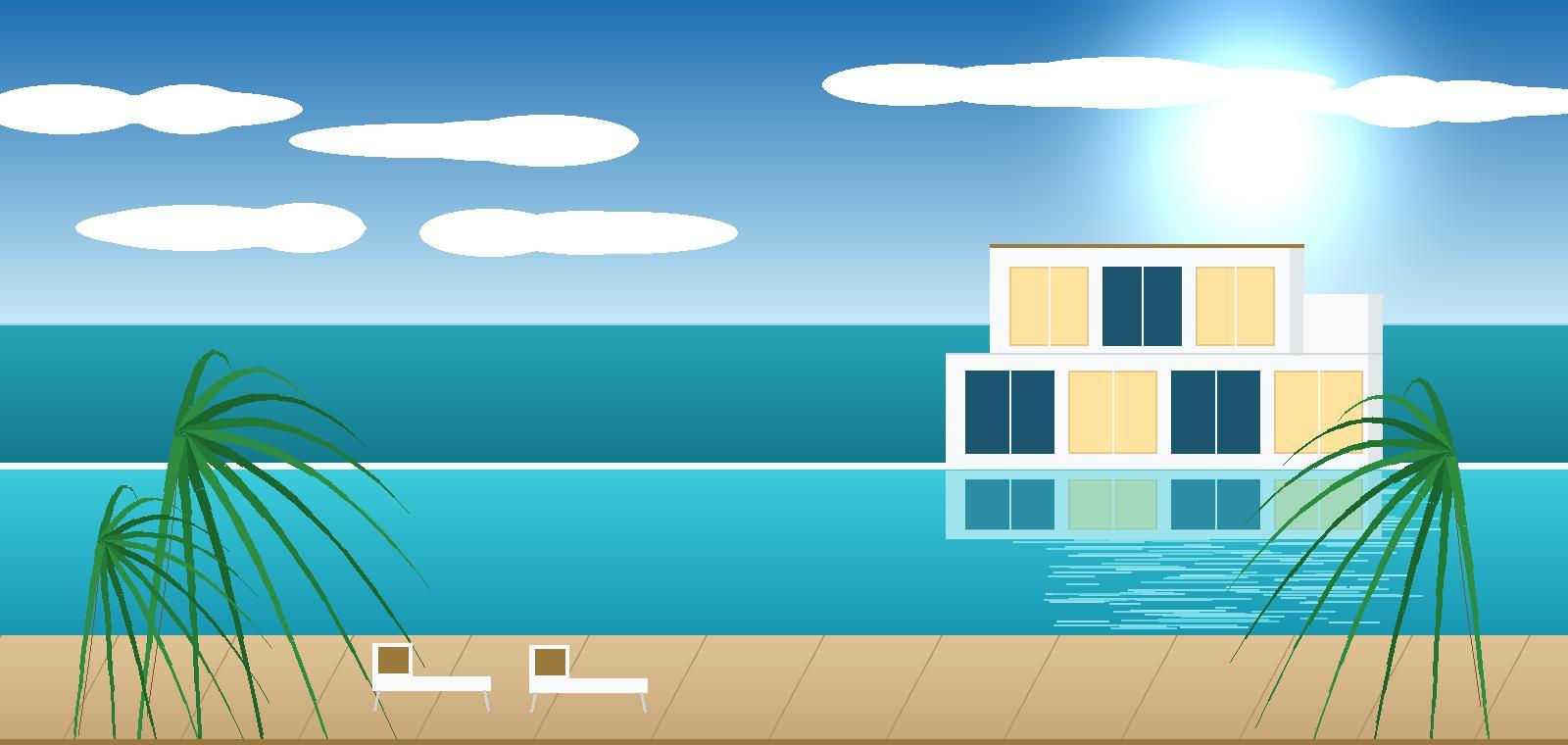 Editorial illustration of a modern coastal residence, turquoise water and palm trees
