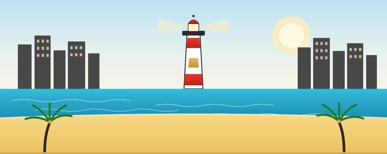 Illustration of KwaZulu-Natal’s coastline, with a lighthouse, palm trees and buildings