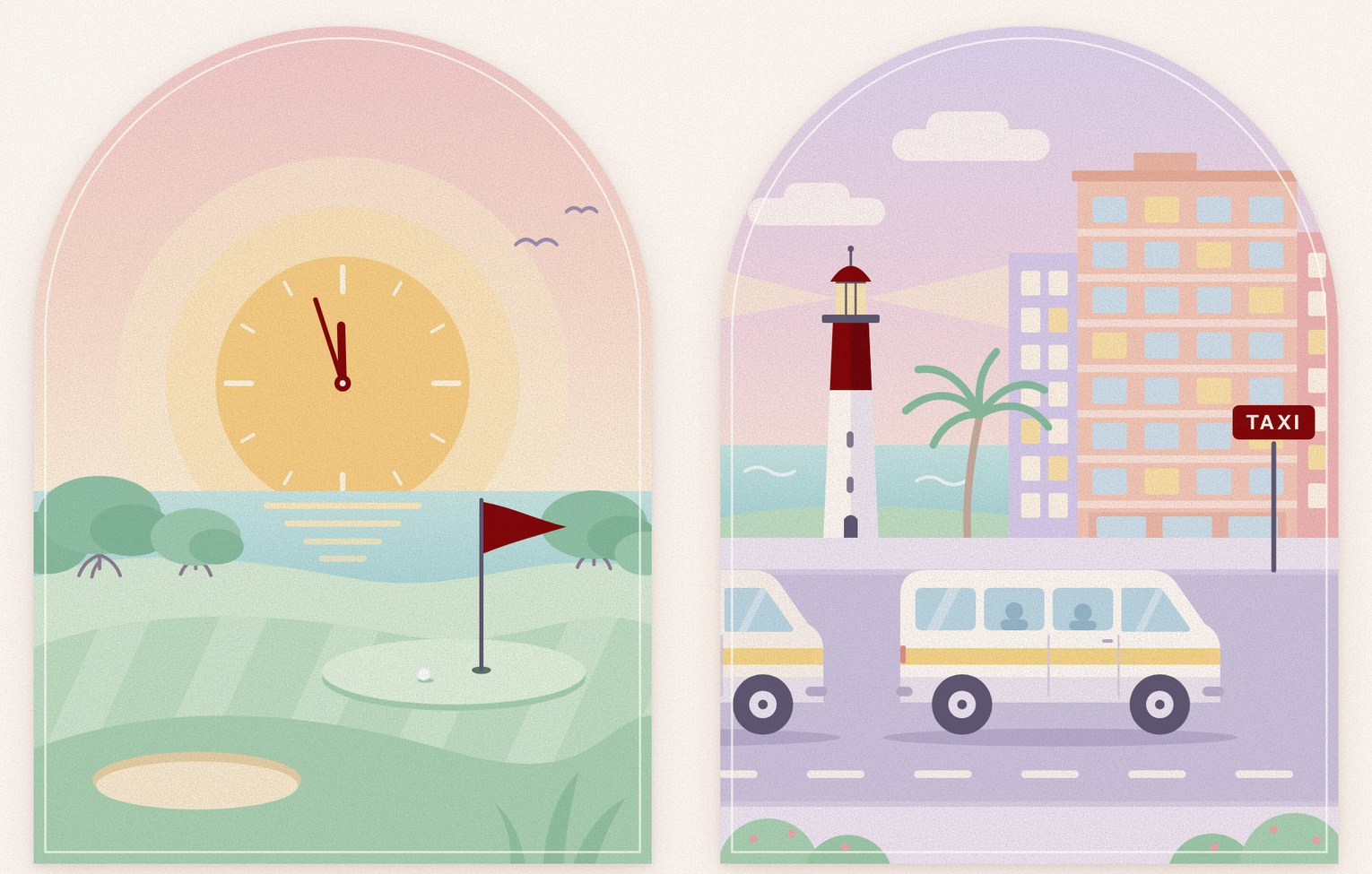 Editorial illustration of a golf green beneath a clock-faced sun, beside minibus taxis at a rank with a lighthouse and apartment block